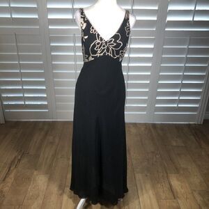 Vtg Alex Evenings Black Chiffon A-Line Cocktail Dress 10 Empire Waist Gold